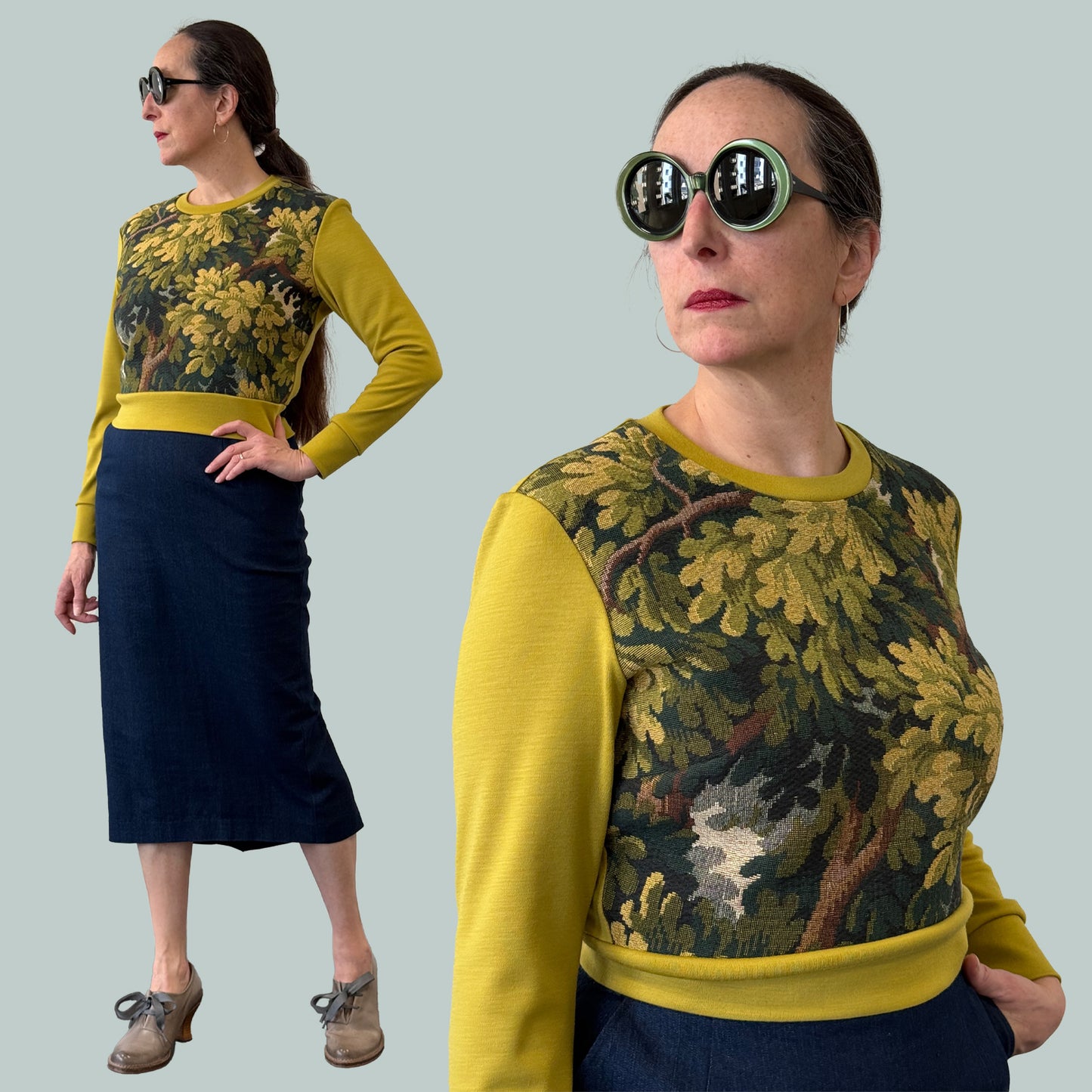 Cropped ladies' sweater with tapestry front and chartreuse Laurent Garigue wool sleeves and back, split view full body and side view