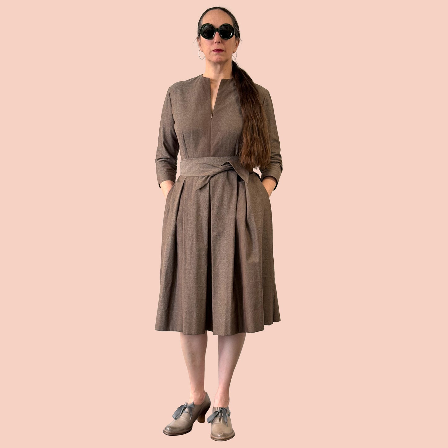 1950s inspired shirtwaist dress in Swiss cotton damask full body