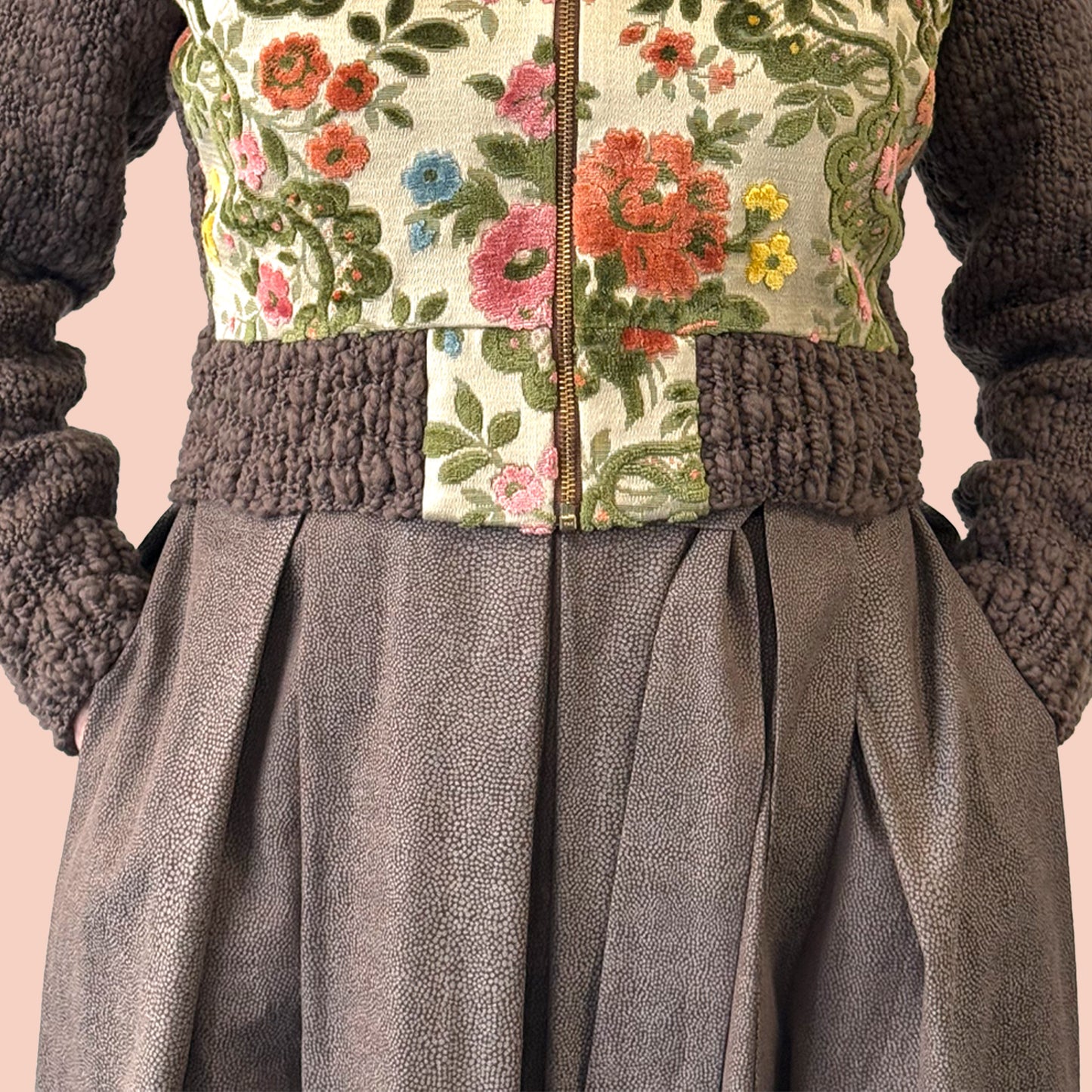 1950s inspired shirtwaist dress in Swiss cotton damask close up of fabric with jacket