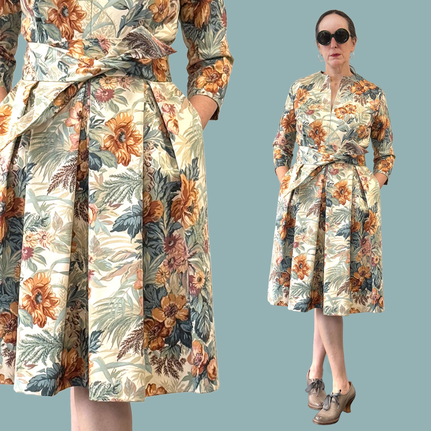 1950s style shirtwaist dress in vintage English chintz fabric split view full body and skirt close up