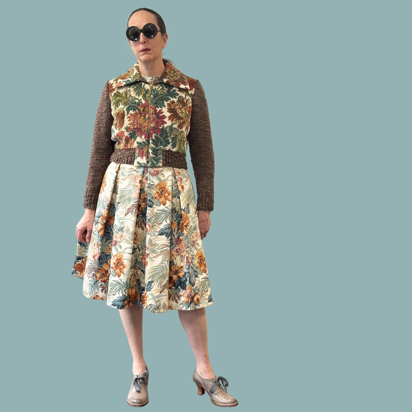 1950s style shirtwaist dress in vintage English chintz fabric worn with floral jacket
