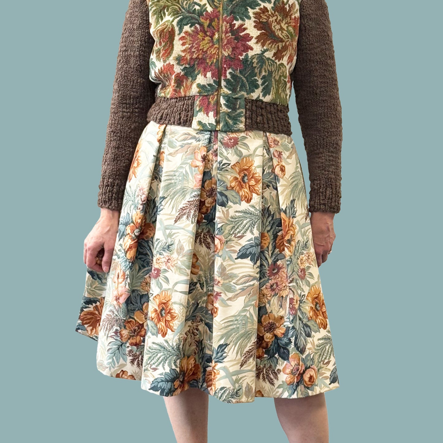 1950s style shirtwaist dress in vintage English chintz fabric close up of dress and jacket fabrics together