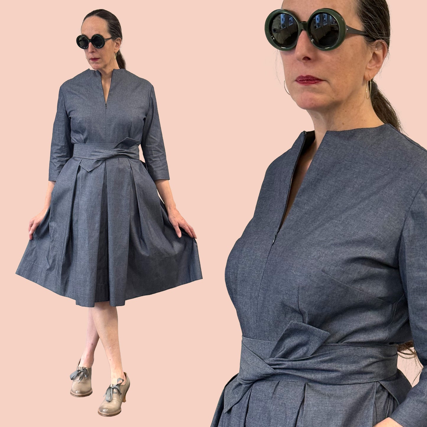 1950s inspired shirtwaist dress in denim chambray front and side view