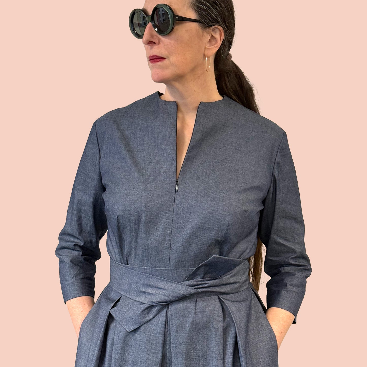 1950s inspired shirtwaist dress in denim chambray front view of torso