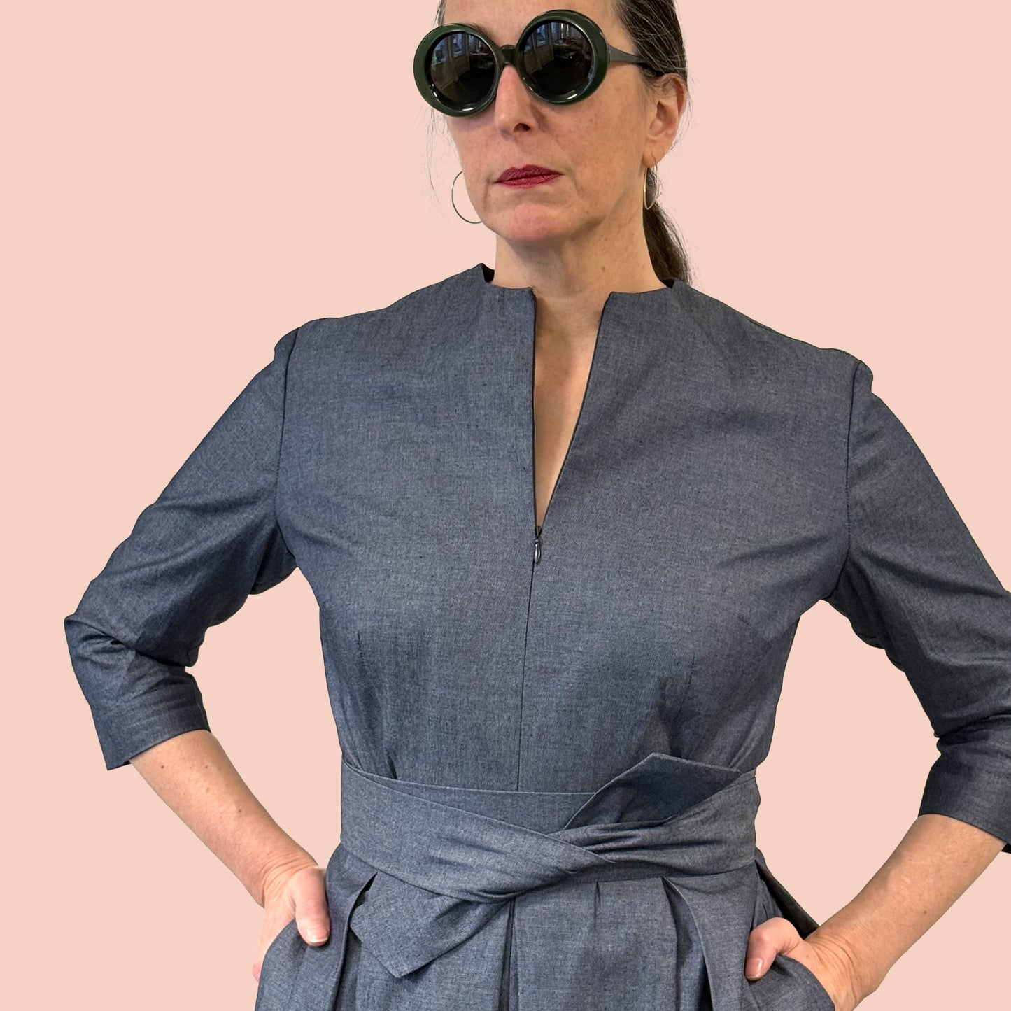 1950s inspired shirtwaist dress in denim chambray front view close-up