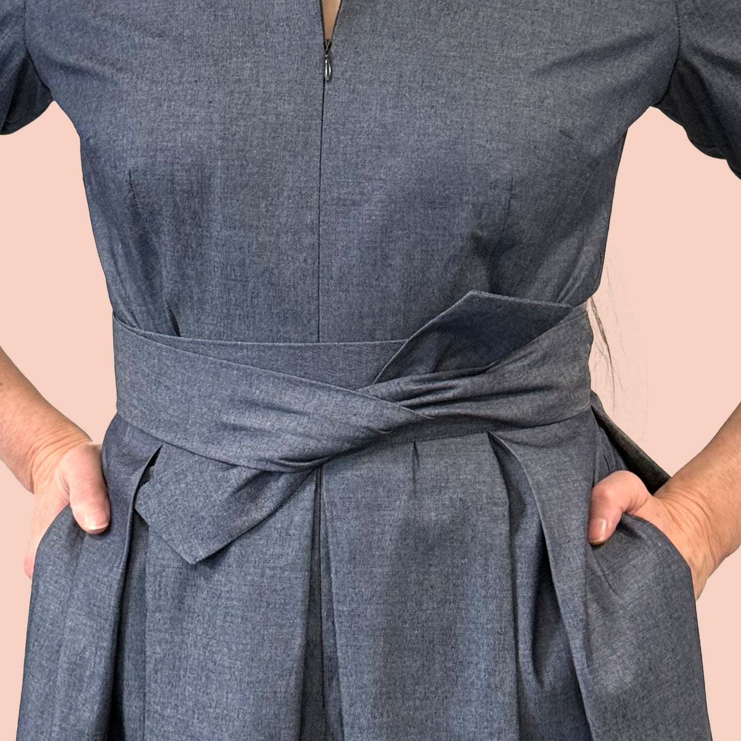 1950s inspired shirtwaist dress in denim chambray close-up of belt showing fabric