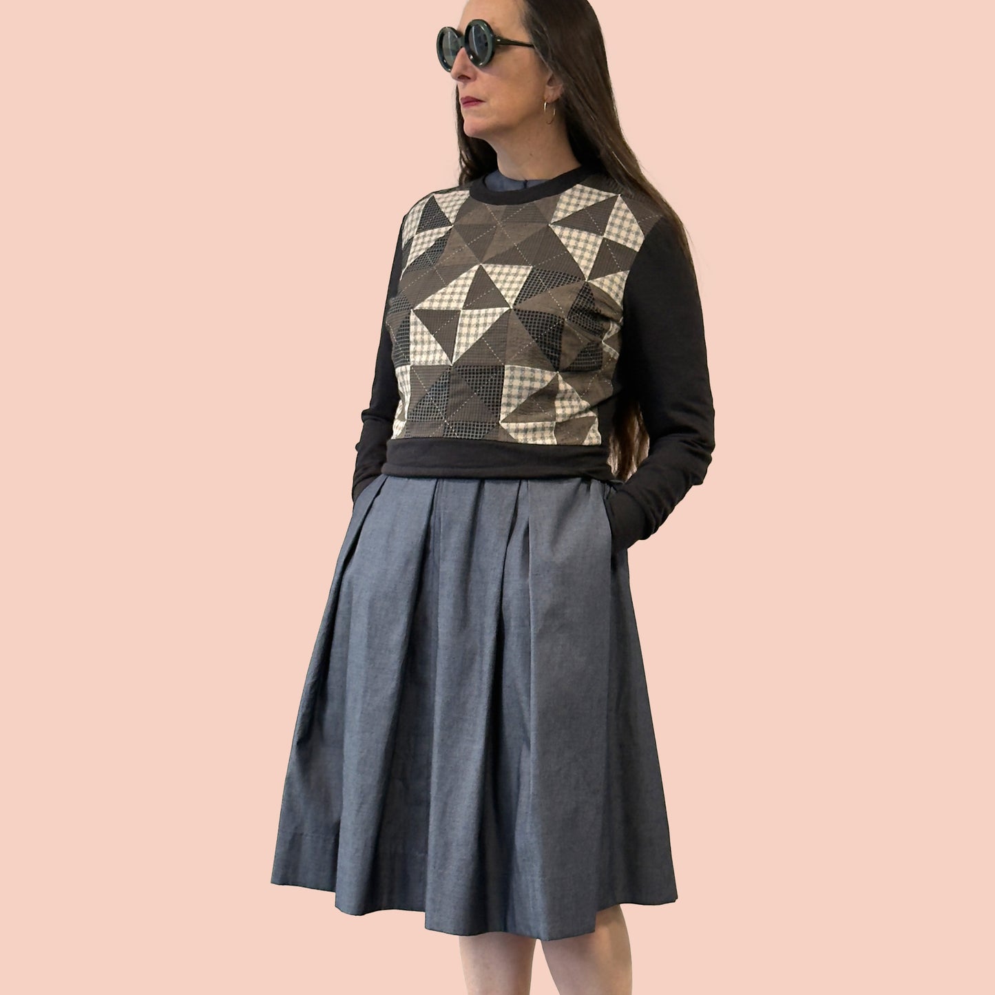 1950s inspired shirtwaist dress in denim chambray front view with patchwork sweater