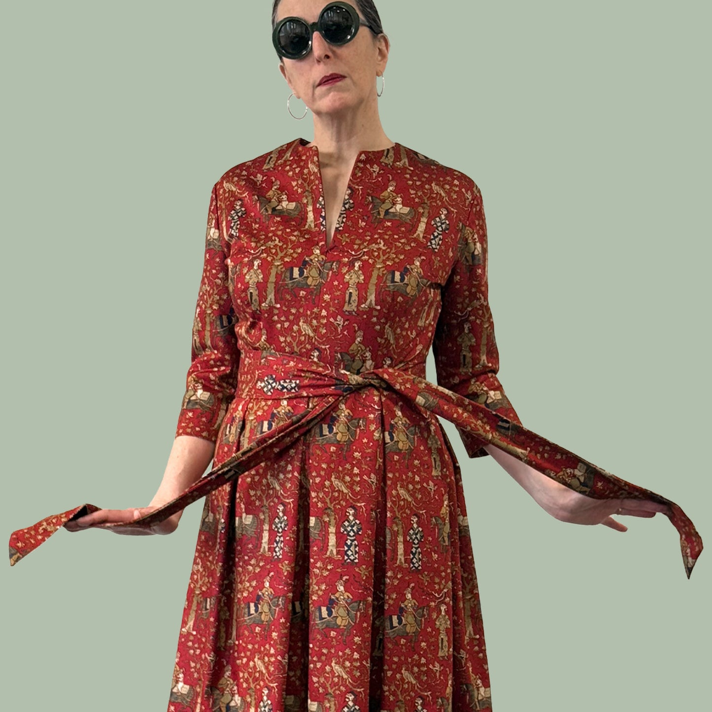 1950s style shirtwaist dress in vintage Waverly Persia print fabric front view torso