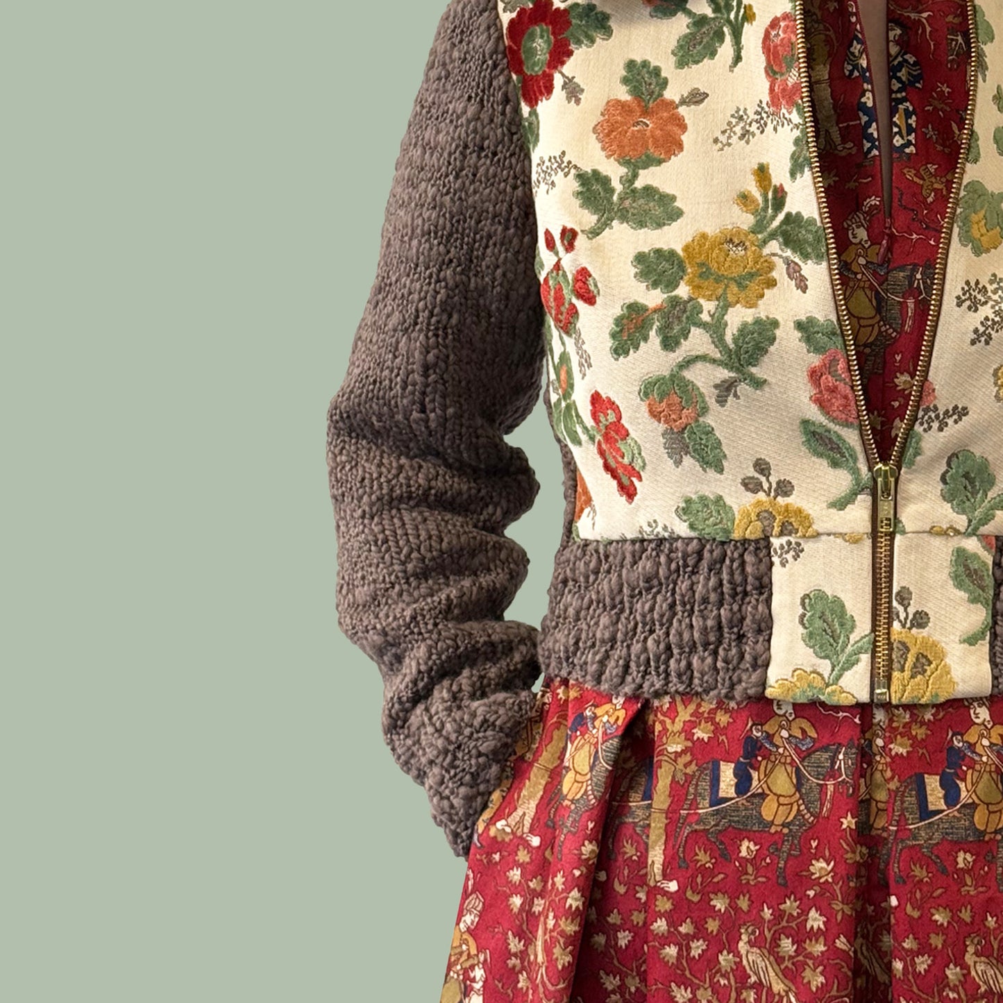 1950s style shirtwaist dress in vintage Waverly Persia print fabric close up of jacket and dress fabrics together
