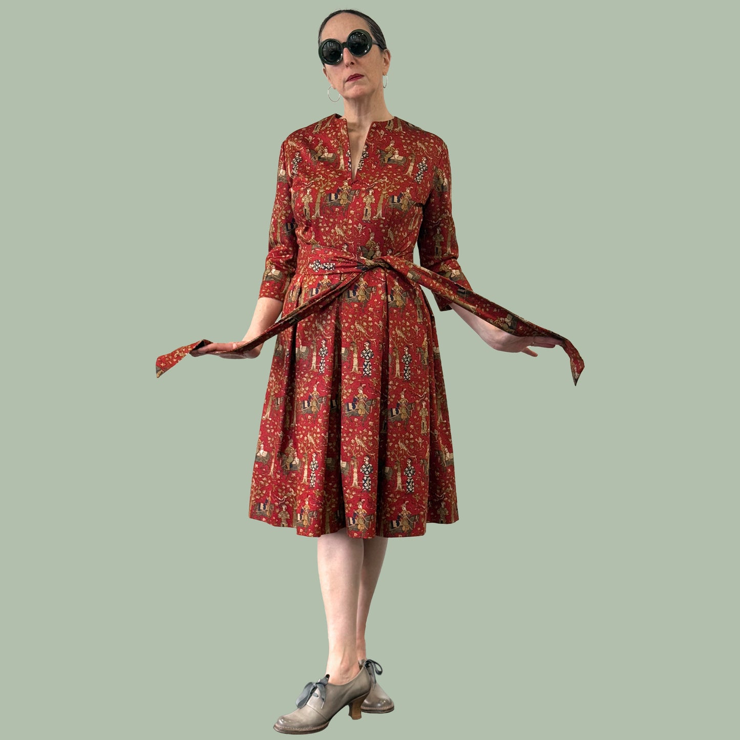 1950s style shirtwaist dress in vintage Waverly Persia print fabric full body shot