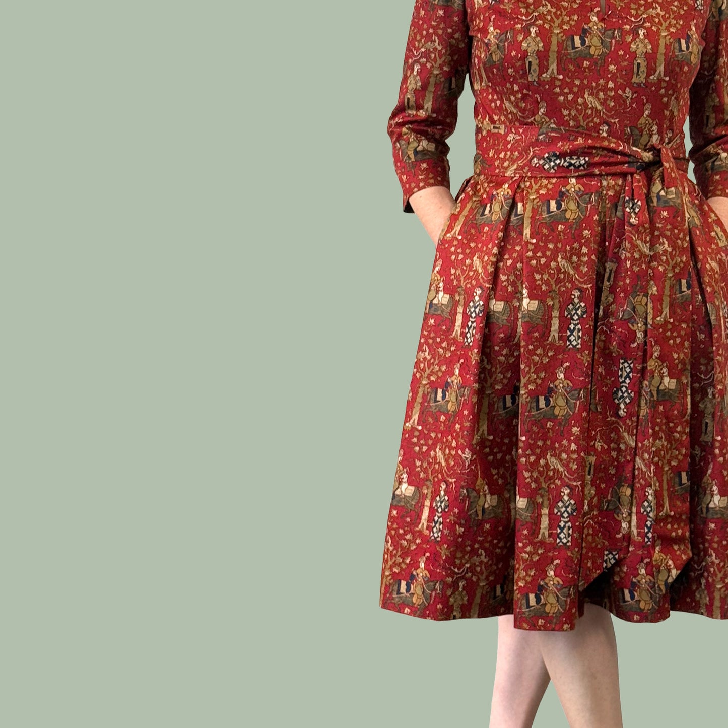 1950s style shirtwaist dress in vintage Waverly Persia print fabric close up of skirt
