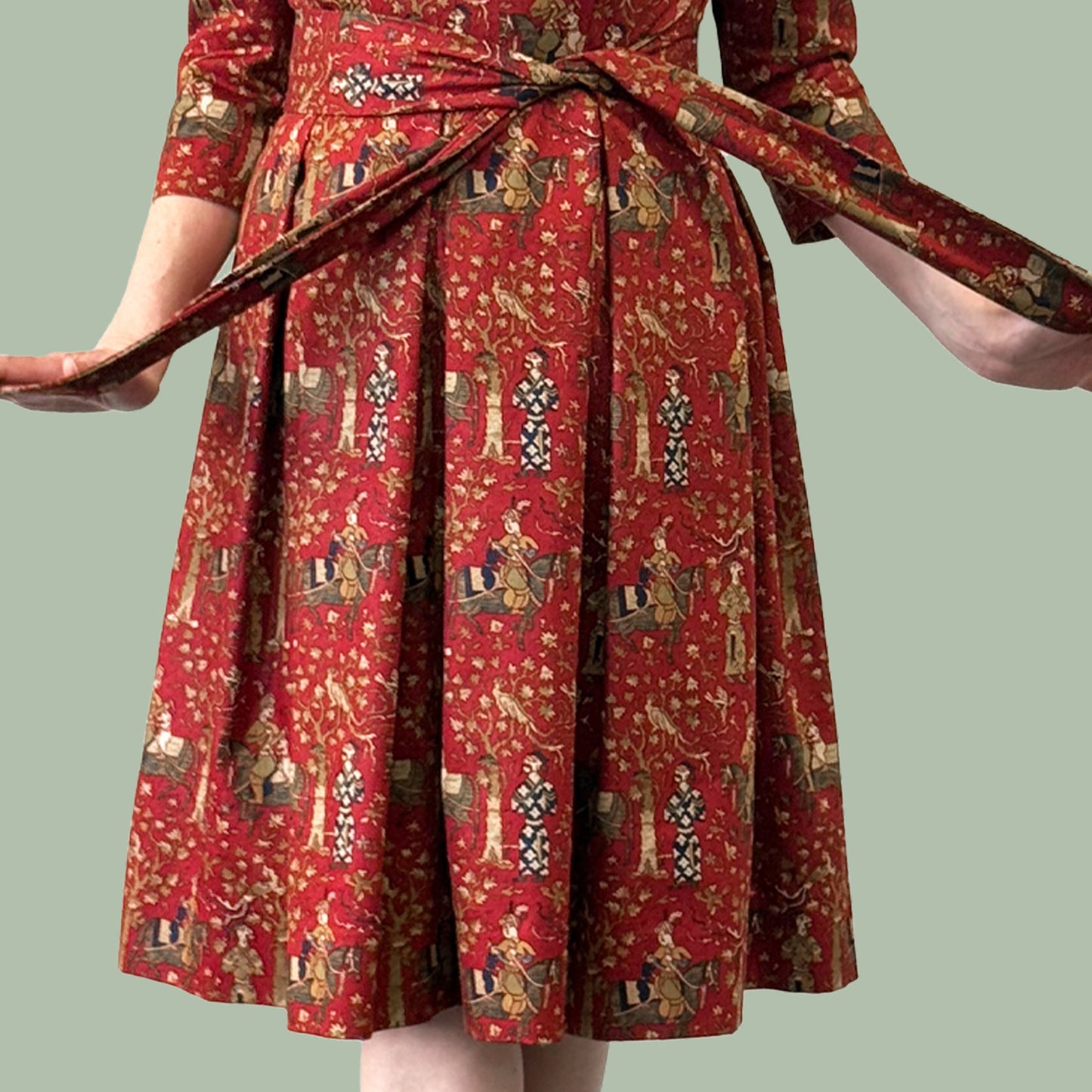 1950s style shirtwaist dress in vintage Waverly Persia print fabric close up of print design