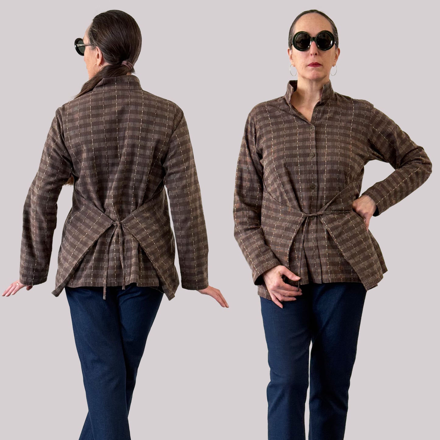 Ladies shirt made of vintage brown Japanese dobby cotton fabric, split view front and back