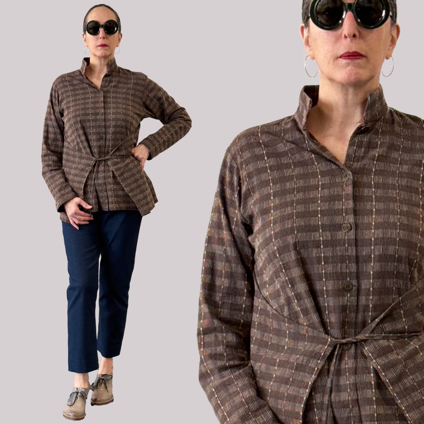 Ladies shirt made of vintage brown Japanese dobby cotton fabric, front view