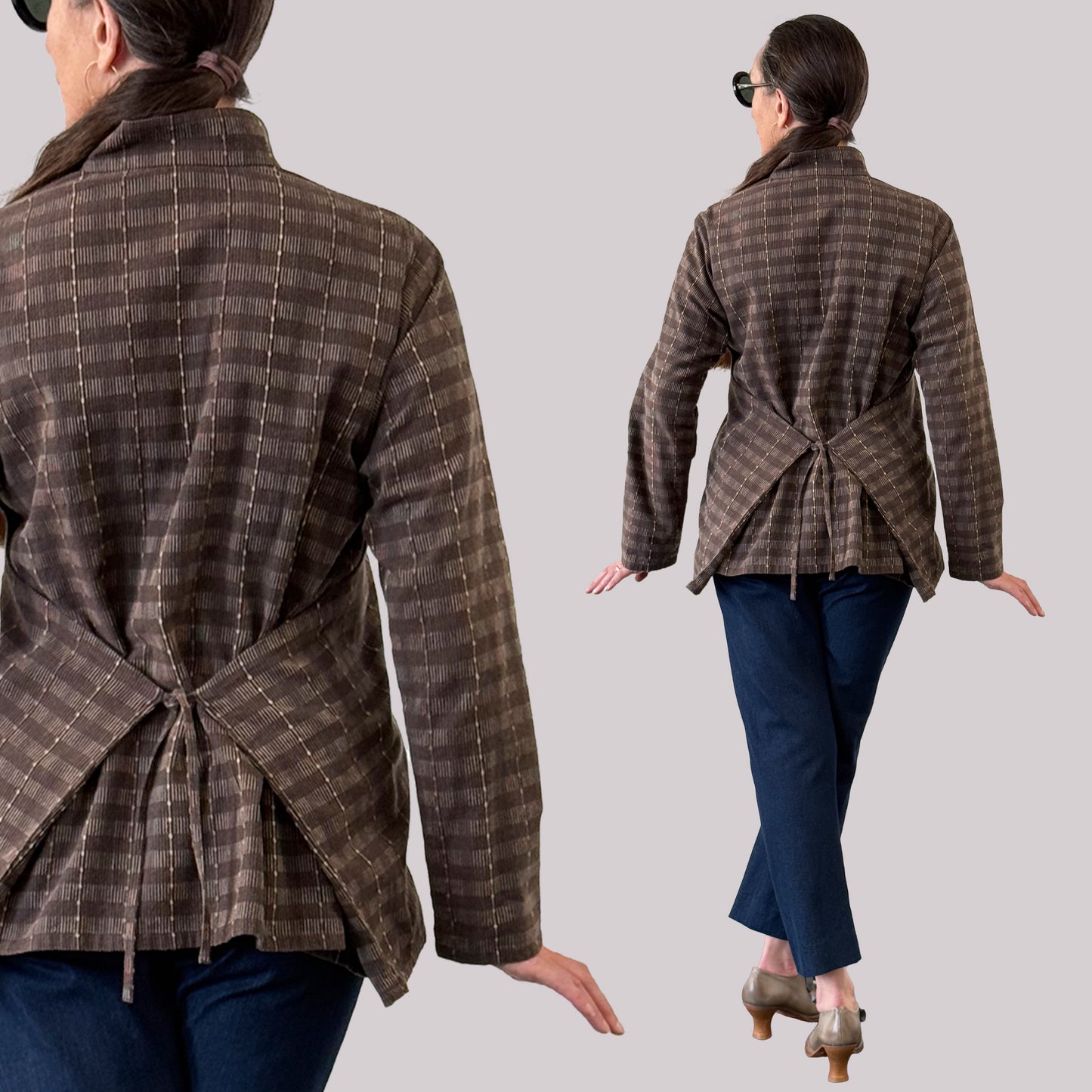 Ladies shirt made of vintage brown Japanese dobby cotton fabric, back view
