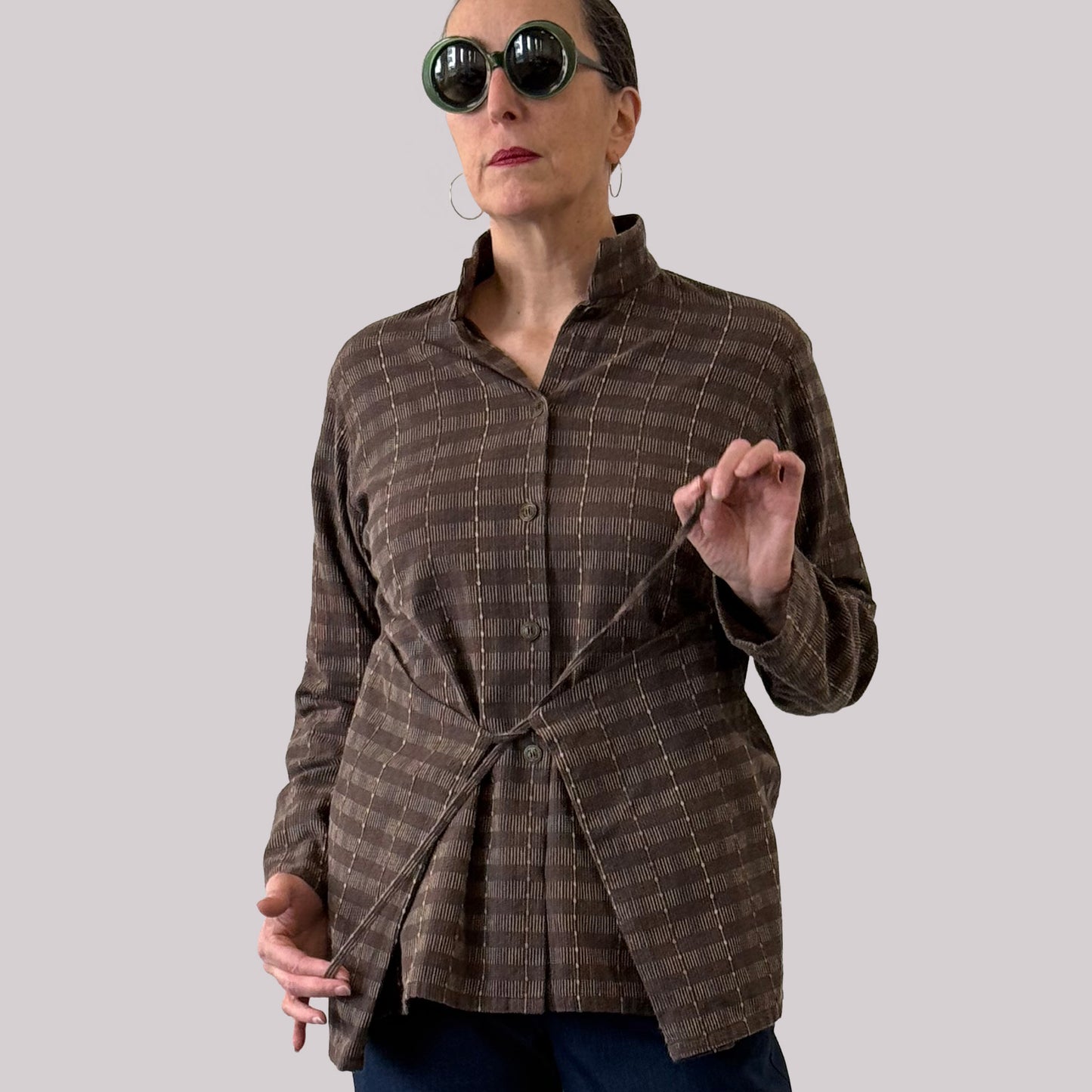 Ladies shirt made of vintage brown Japanese dobby cotton fabric, close up of front