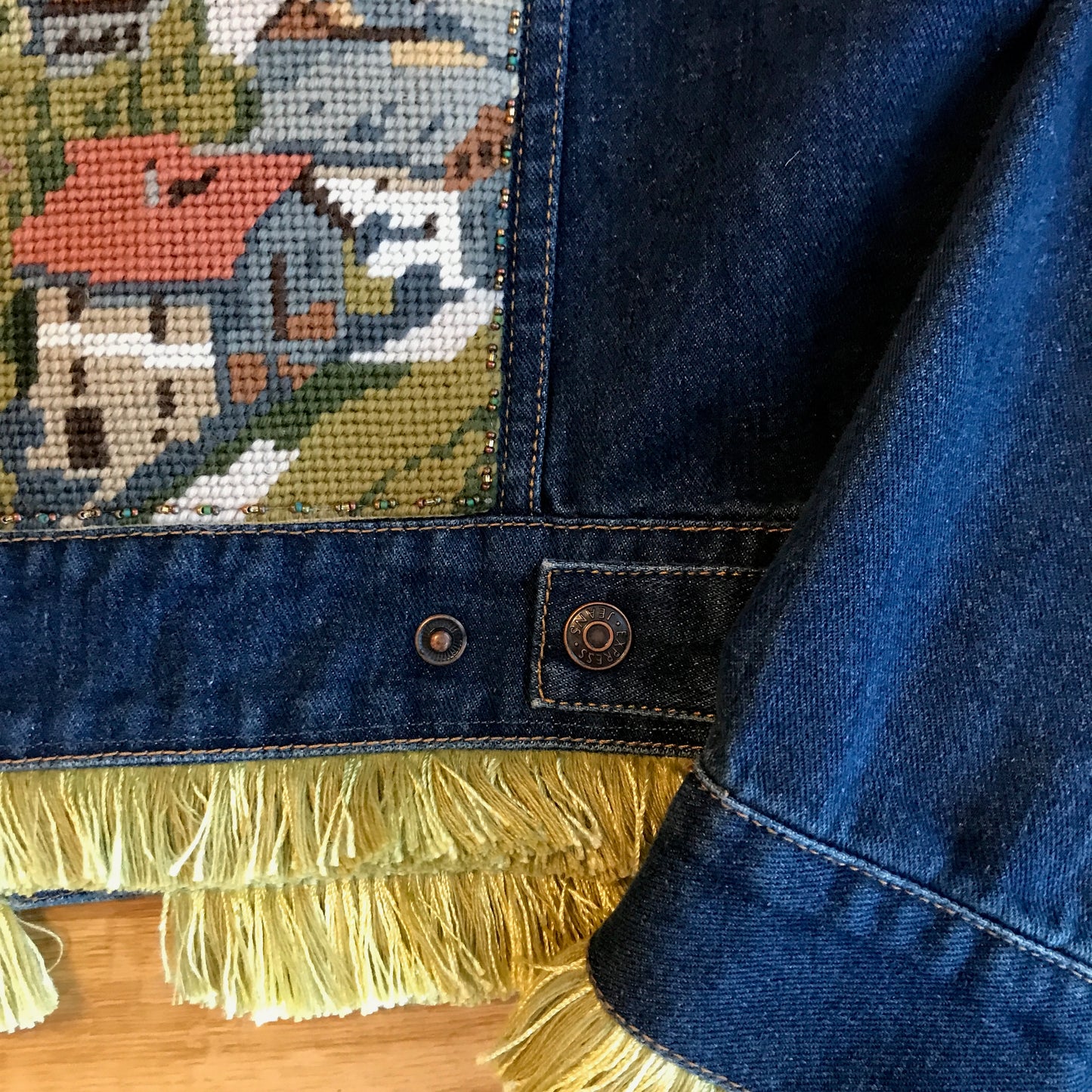 Vintage Landscape Needlepoint Jean Jacket