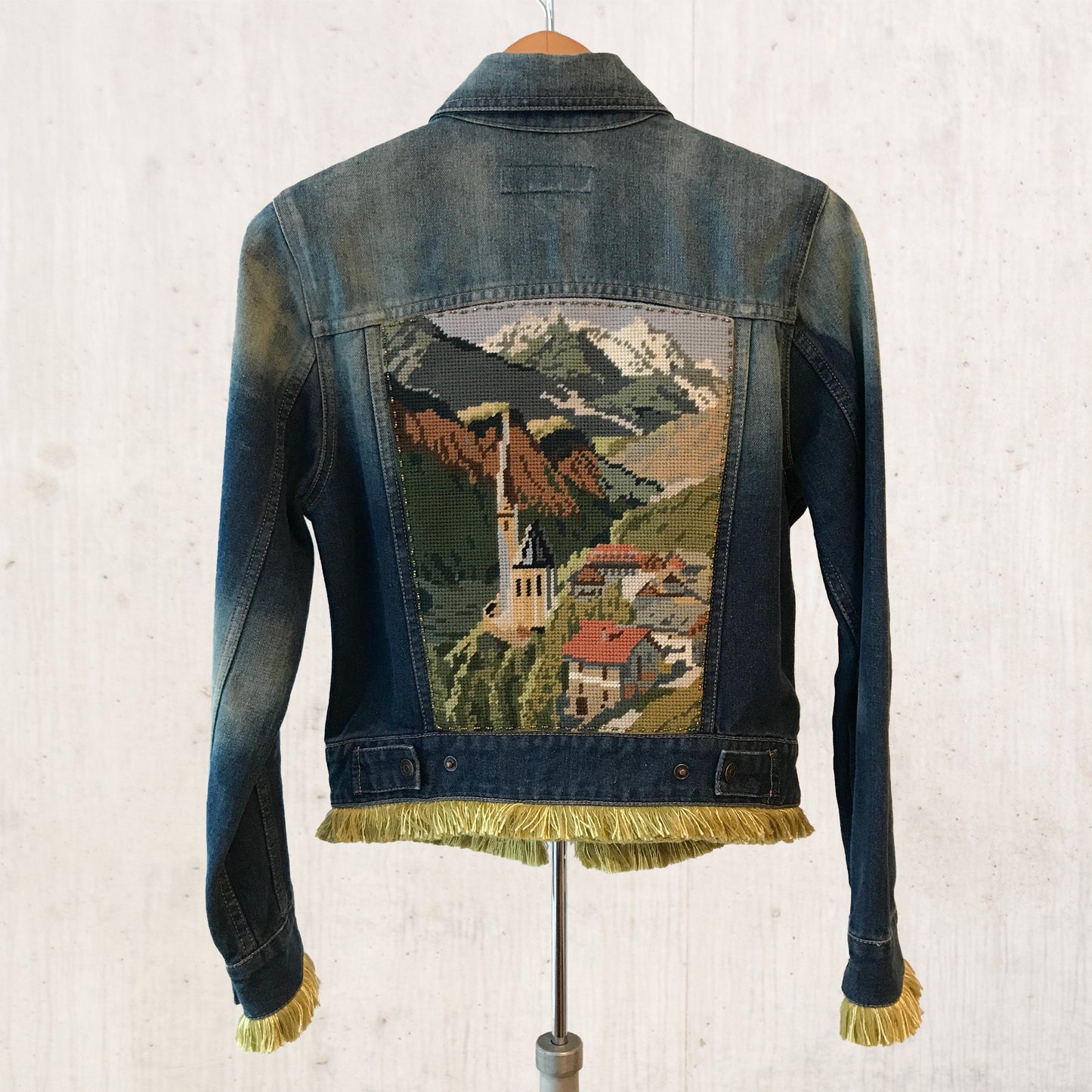 Vintage Landscape Needlepoint Jean Jacket