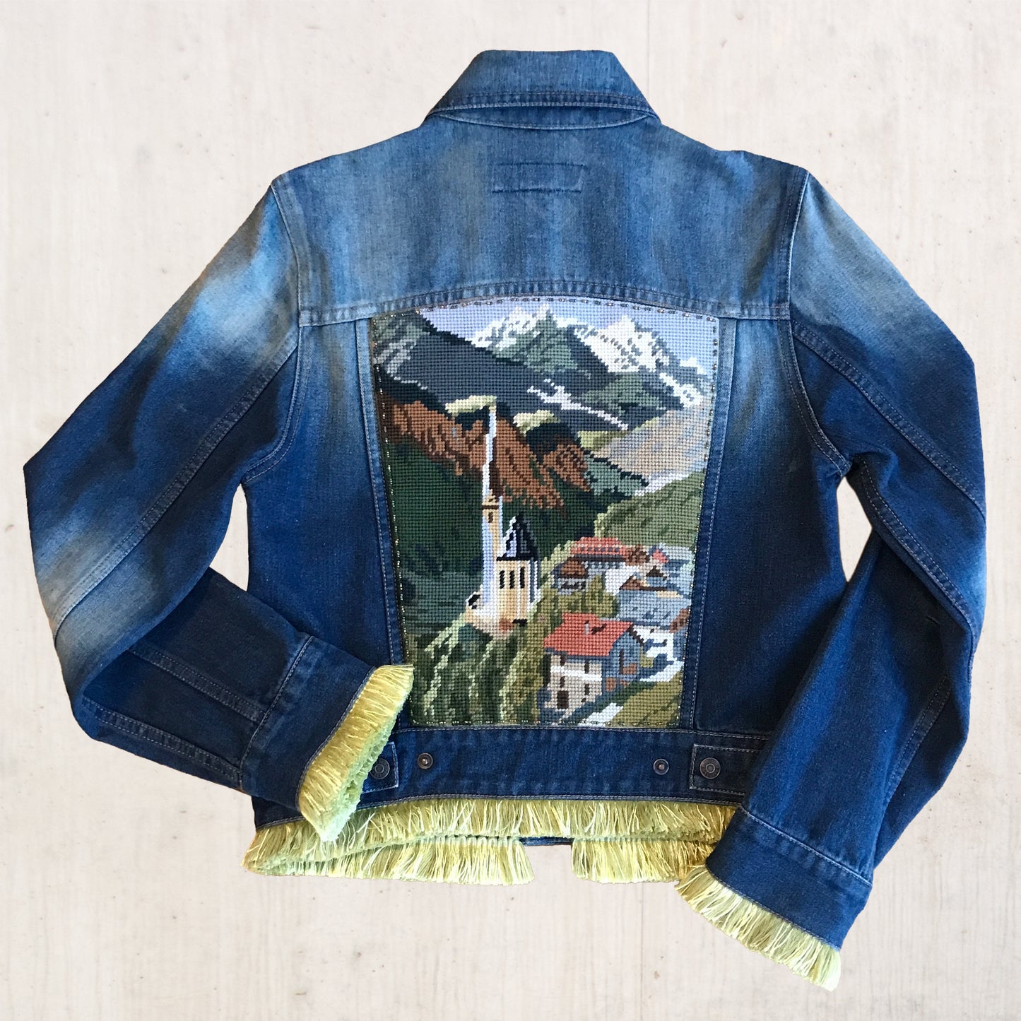 Vintage Landscape Needlepoint Jean Jacket