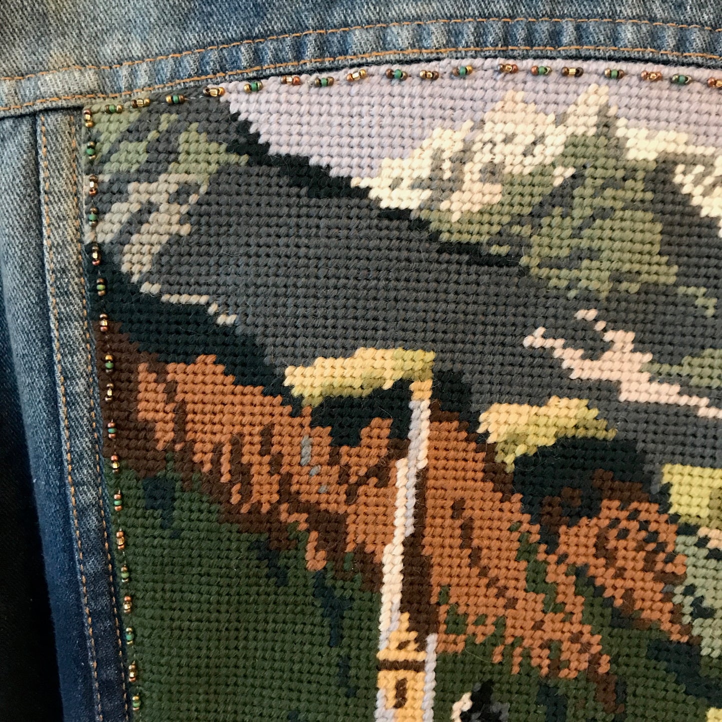 Vintage Landscape Needlepoint Jean Jacket