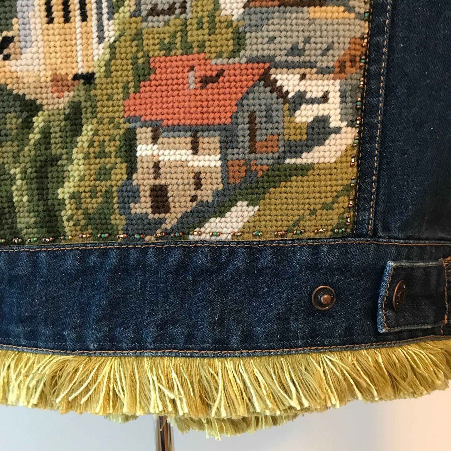 Vintage Landscape Needlepoint Jean Jacket