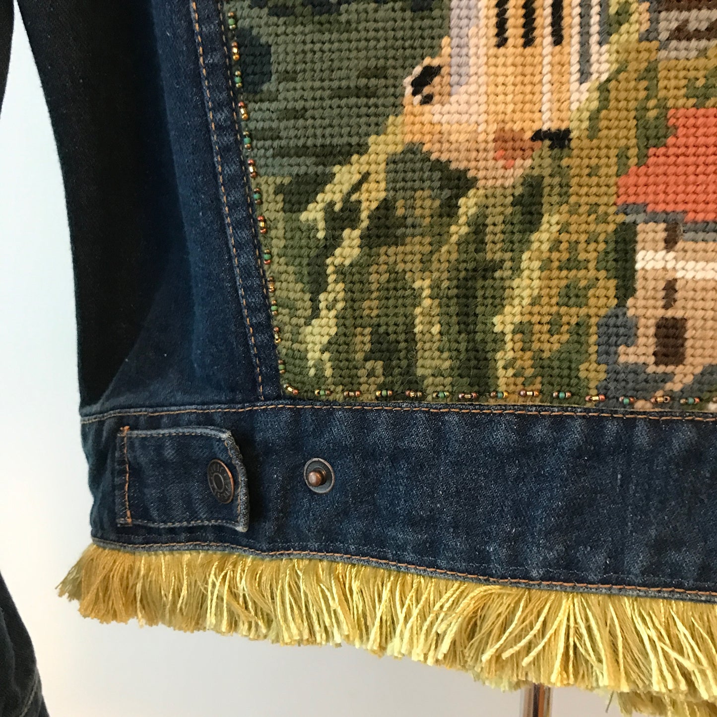 Vintage Landscape Needlepoint Jean Jacket