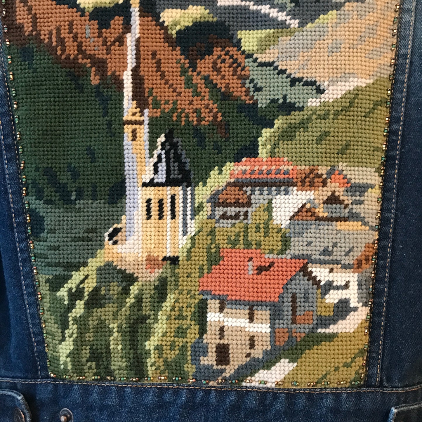 Vintage Landscape Needlepoint Jean Jacket