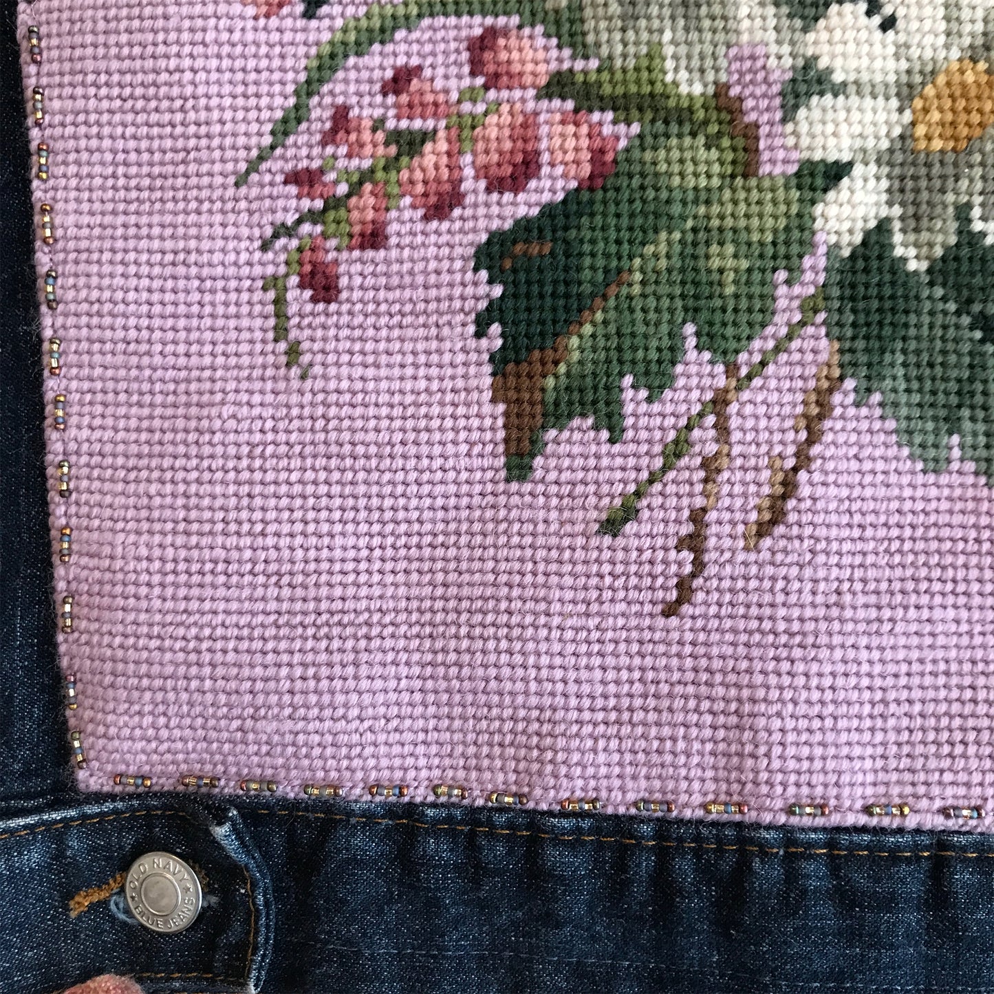 Vintage Floral Needlepoint Jean Jacket