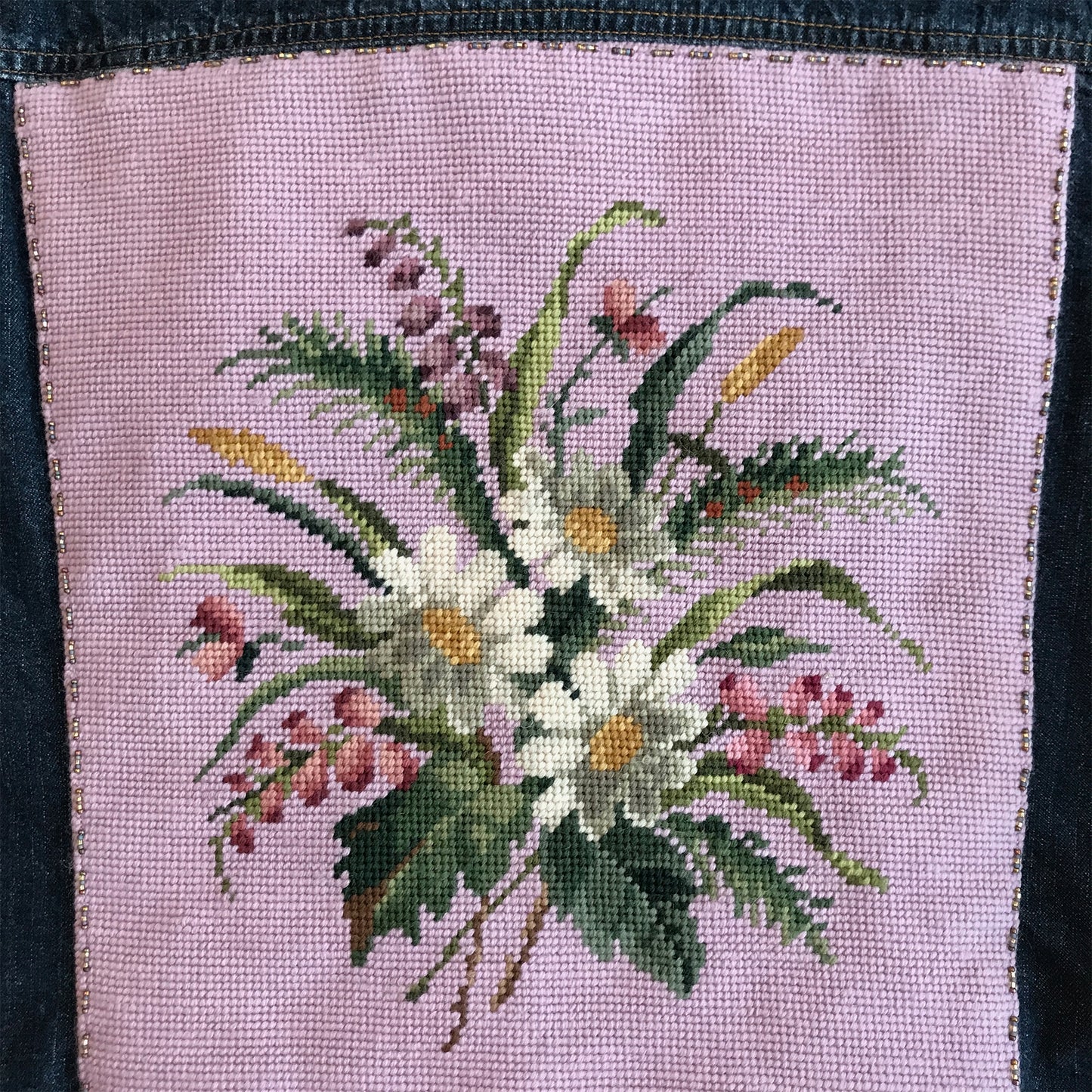Vintage Floral Needlepoint Jean Jacket