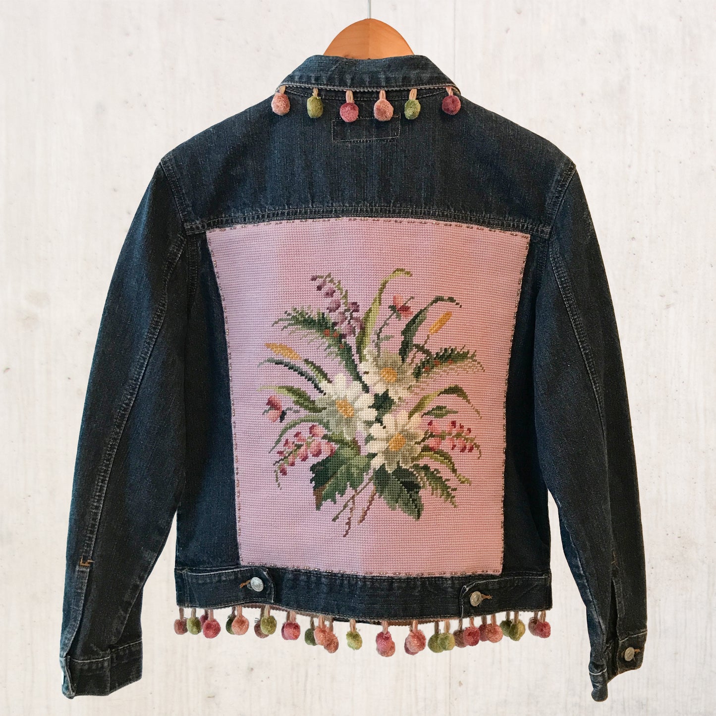 Vintage Floral Needlepoint Jean Jacket
