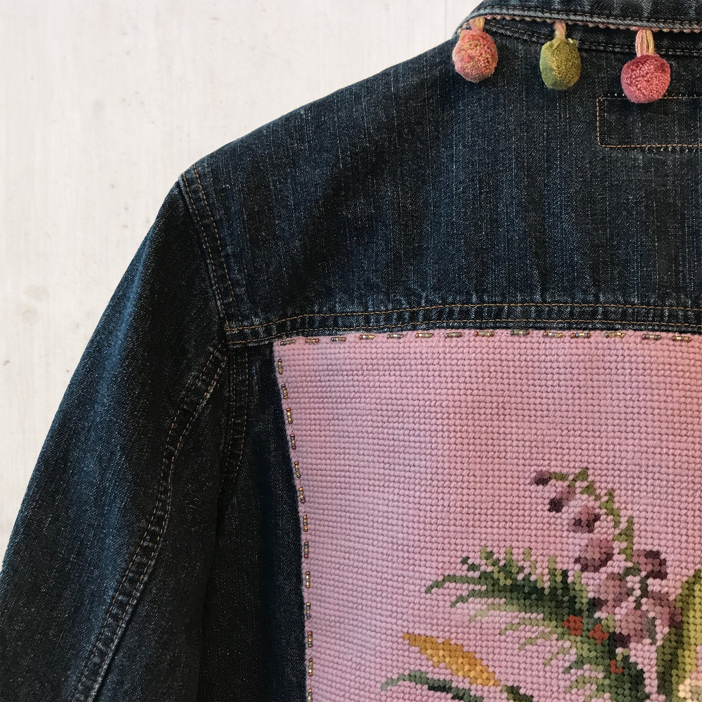 Vintage Floral Needlepoint Jean Jacket