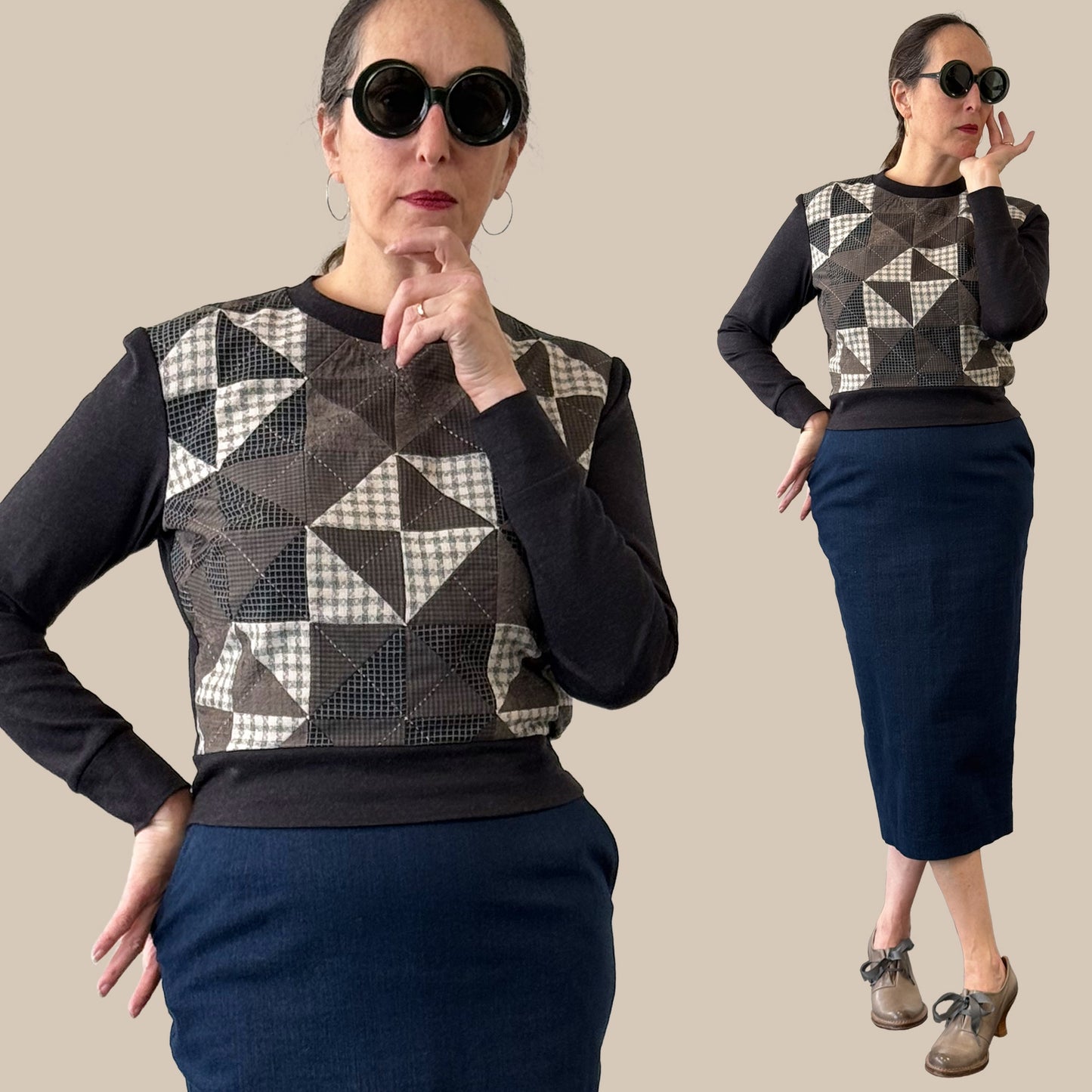 Ladies cropped merino wool sweater with hand pieced and quilted front panel, full body view with pencil skirt