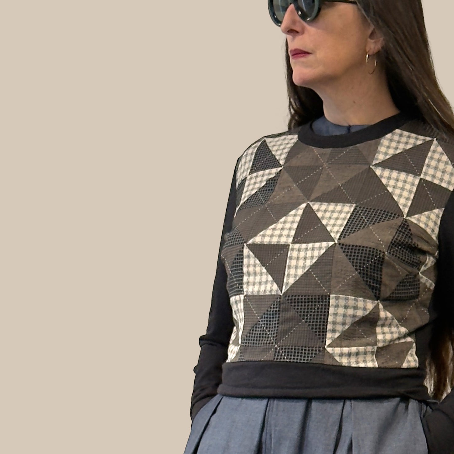 Ladies cropped merino wool sweater with hand pieced and quilted front panel, torso view
