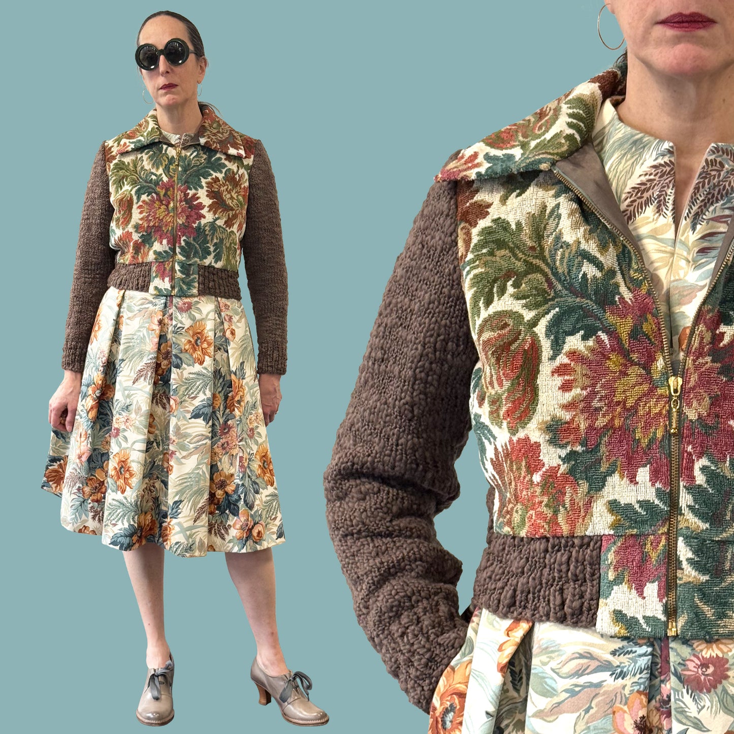 Ladies cropped jacket with vintage floral upholstery fabric front and hand knitted wool sleeves and back, split view full body and close up