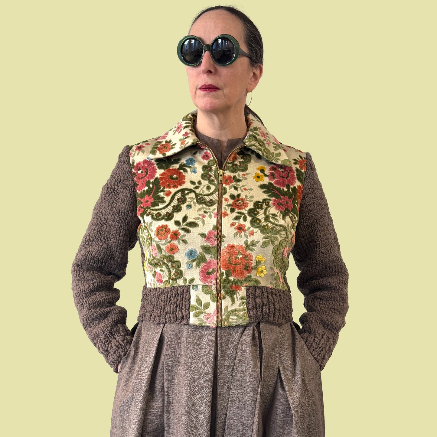 cropped jacket with vintage 1940s tapestry front and hand knitted sleeves and back, front view