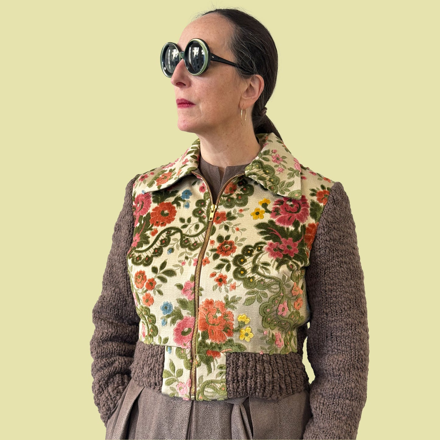 cropped jacket with vintage 1940s tapestry front and hand knitted sleeves and back, side view