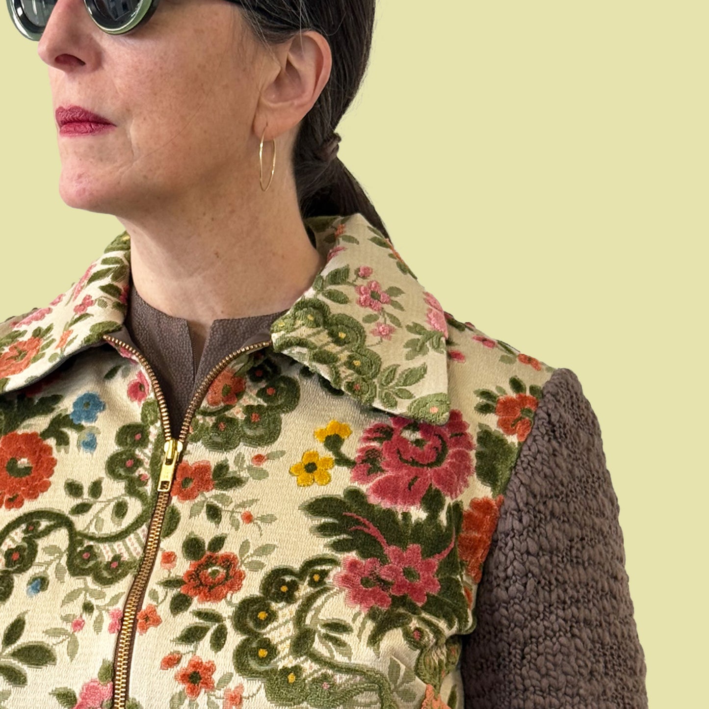 cropped jacket with vintage 1940s tapestry front and hand knitted sleeves and back, close up of knitted sleeve