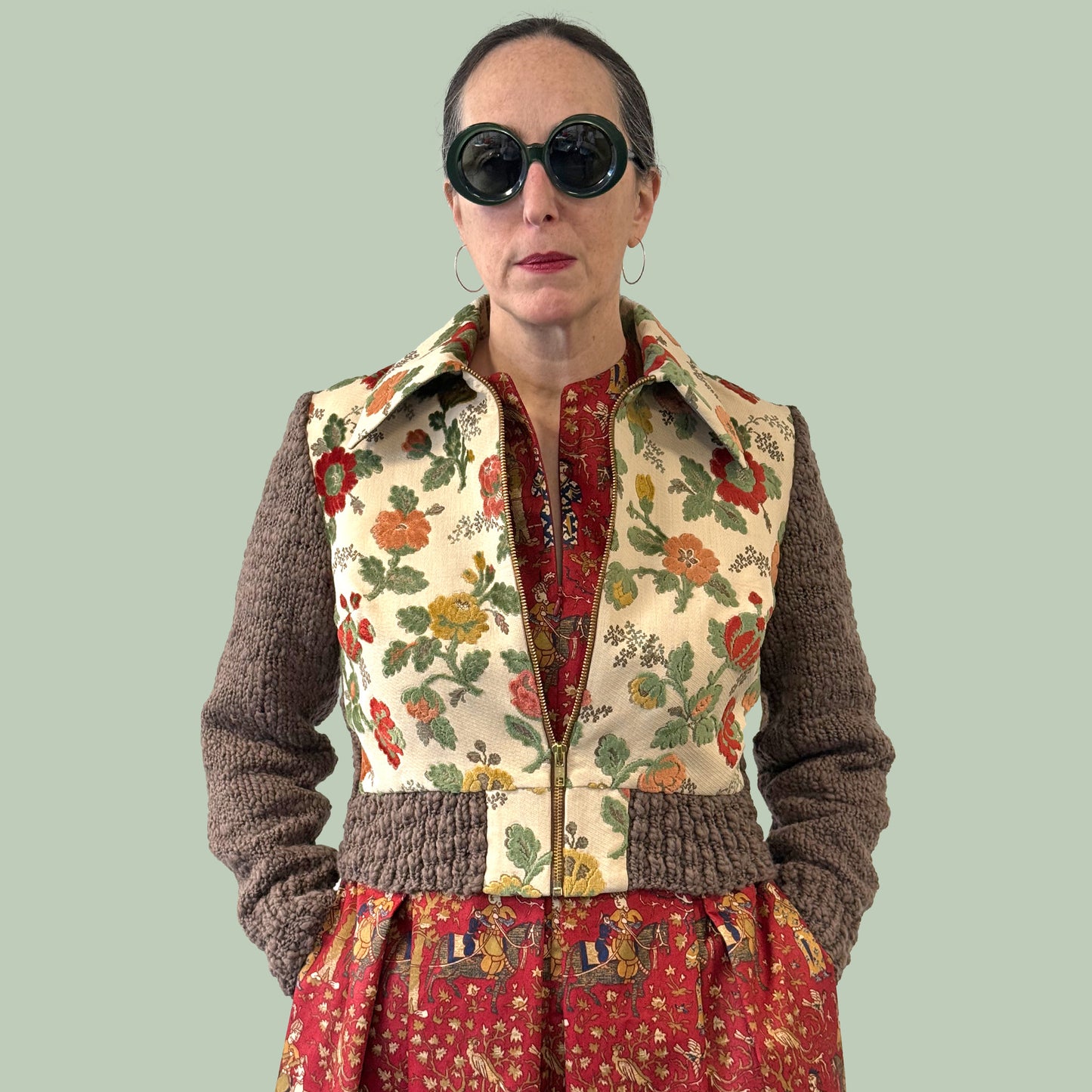Ladies cropped jacket with vintage upholstery fabric front and hand knitted wool sleeves and back, front view